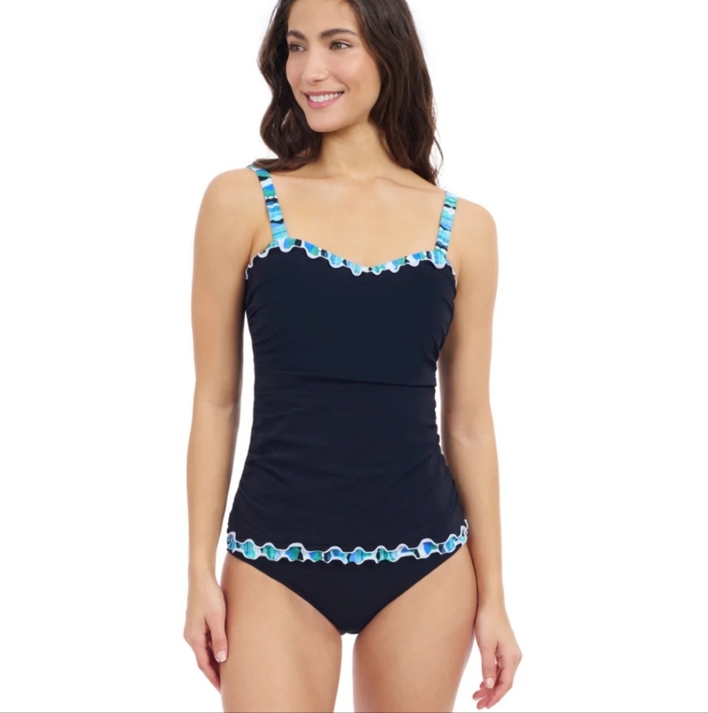 Profile Gottex NWT Bachata Black Ruffle Bandaeu Tankini‎ Swim Top Underwire 34D